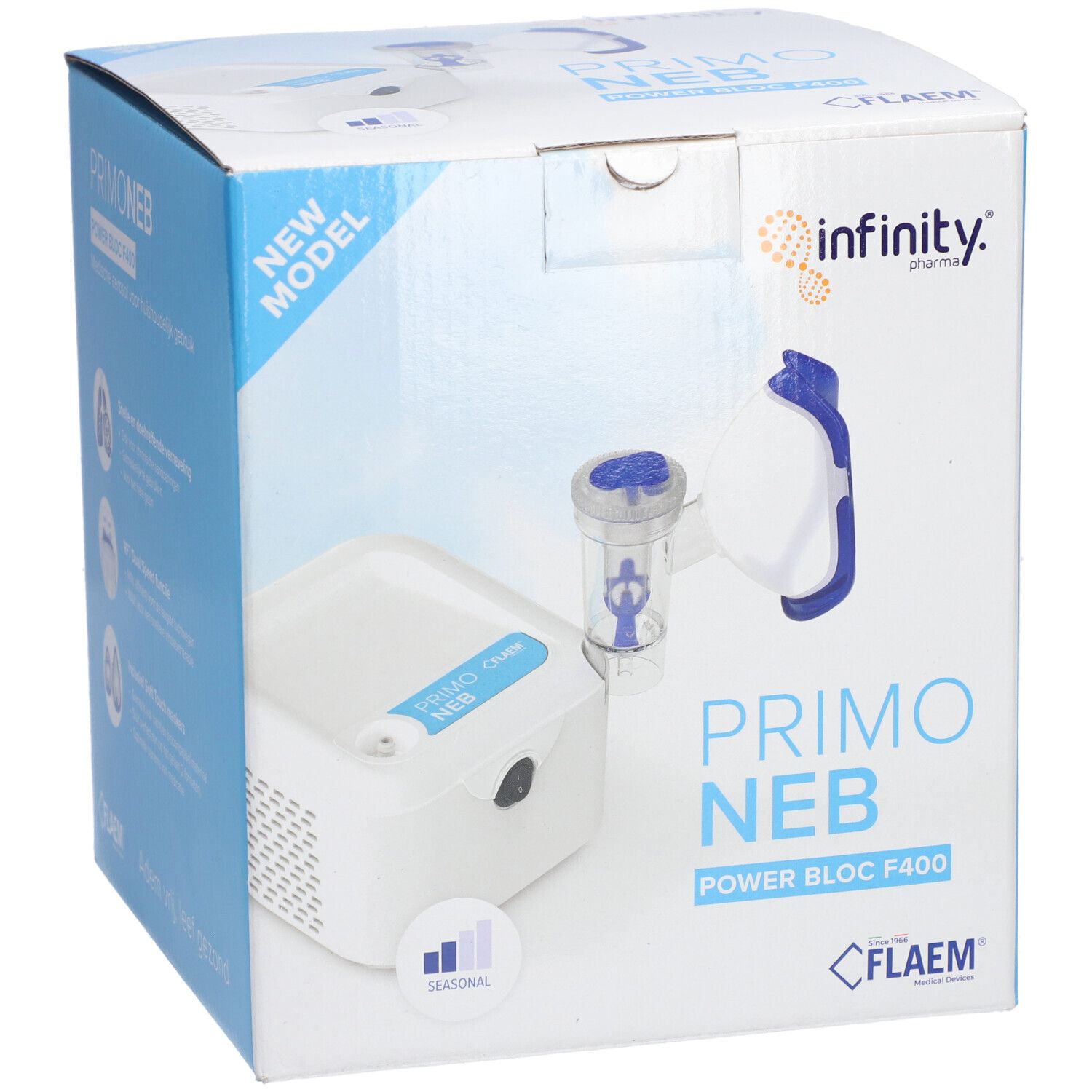 Appareil d'aérosol Primo Neb dans son emballage. Boîte bleue et blanche avec image du produit et logos. Logo Flaem en bas.