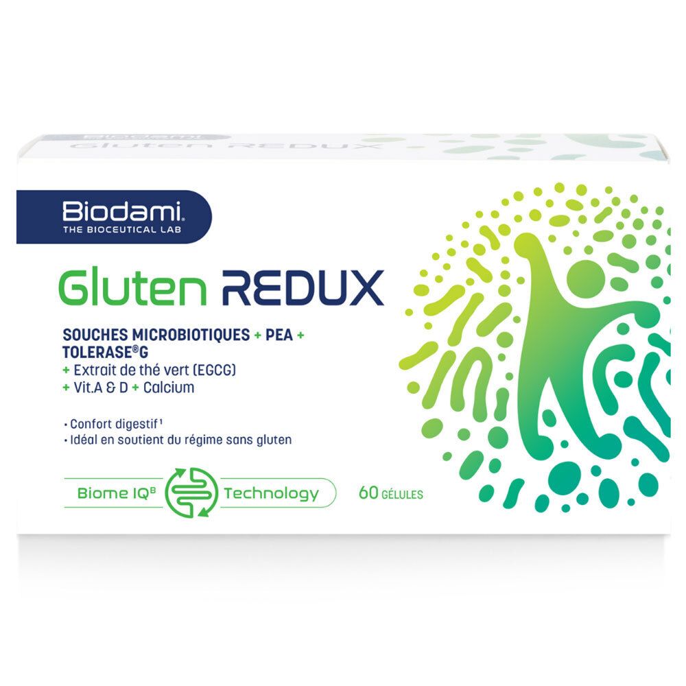 Boîte blanche « Biodami Gluten Redux ». Contient 60 gélules. Inscription : « Complexe de microbiotiques + PEA + Extrait de thé vert + Vit. A & D + Calcium ».