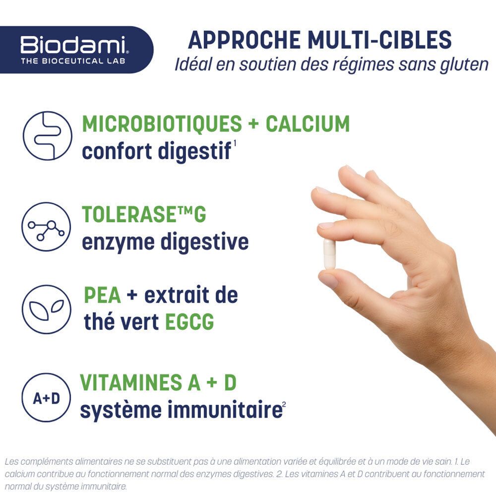 Main tenant une gélule. Texte : Souches microbiotiques + Calcium, Enzyme Tolérase G, PEA + EGCG de thé vert, Vitamines A + D.