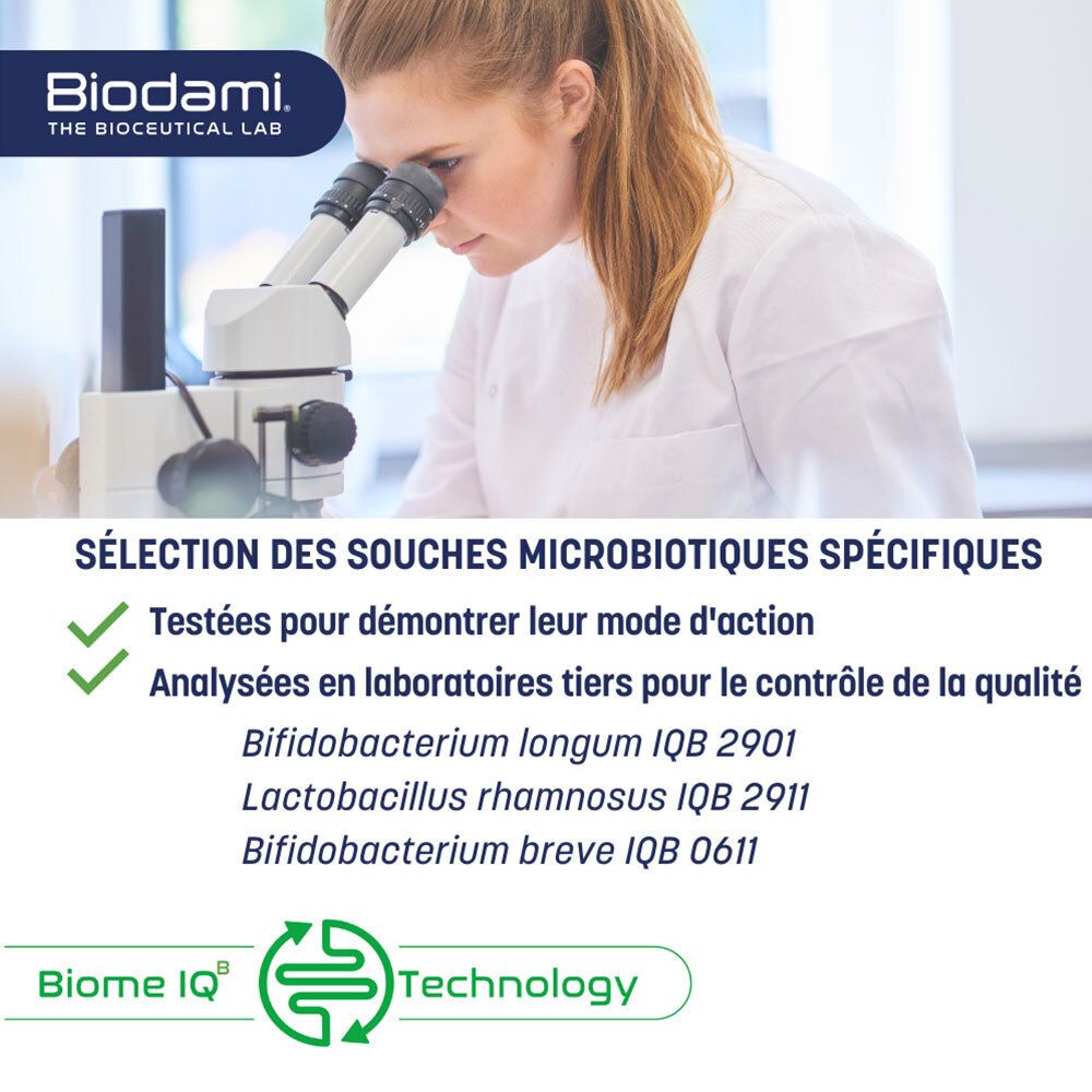 Femme avec microscope. Texte : Sélection de souches microbiotiques spécifiques. Testées pour leur mode d'action. Analysées en labo.