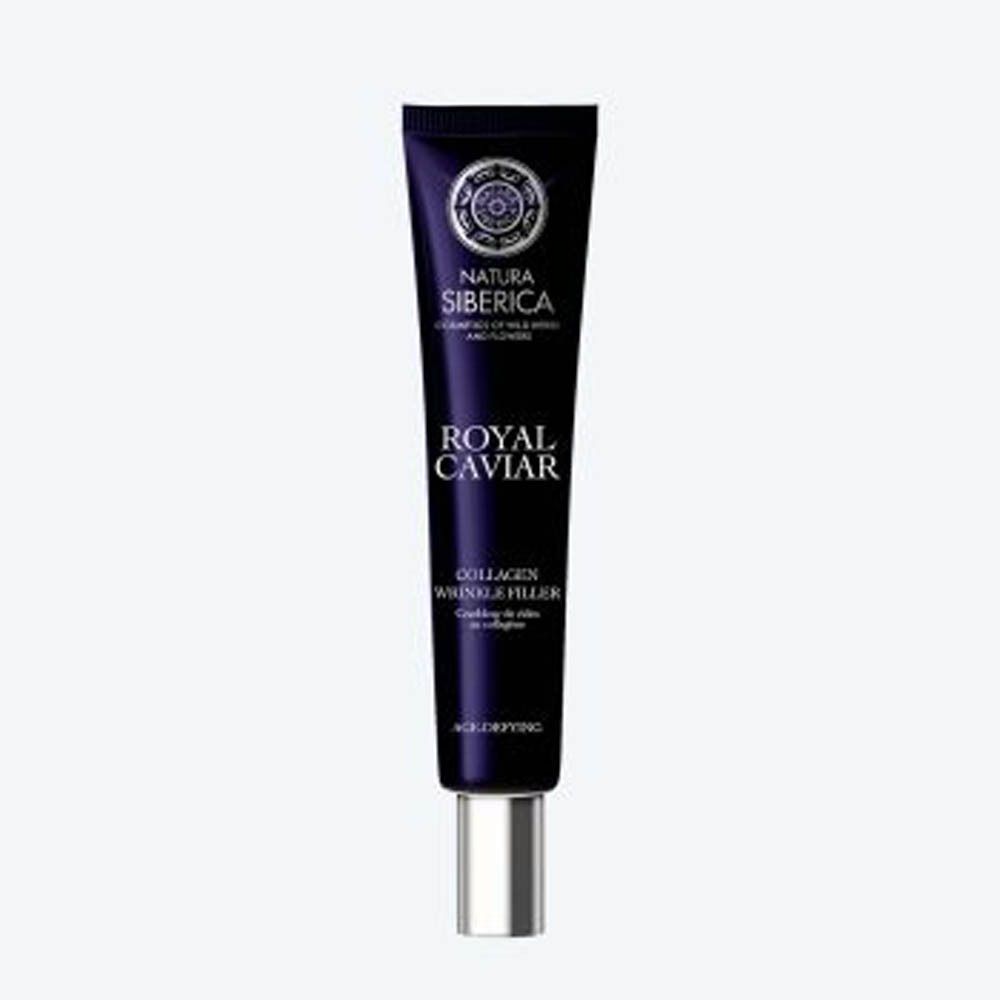 Tube bleu foncé avec bouchon argenté. Inscription : Natura Siberica, Royal Caviar, Collagen Wrinkle Filler.