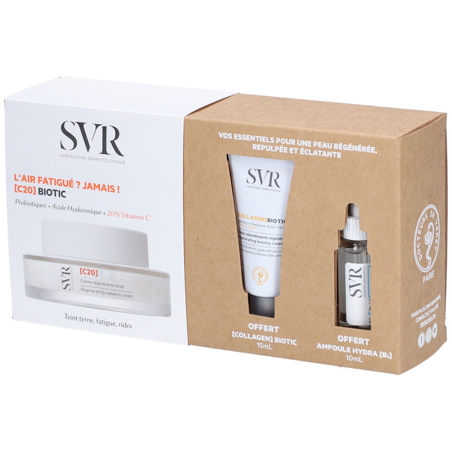 Coffret cadeau SVR [C20] Biotic. Contient crème, tube et flacon. Texte: L'air fatigué ? Jamais! [C20] Biotic.