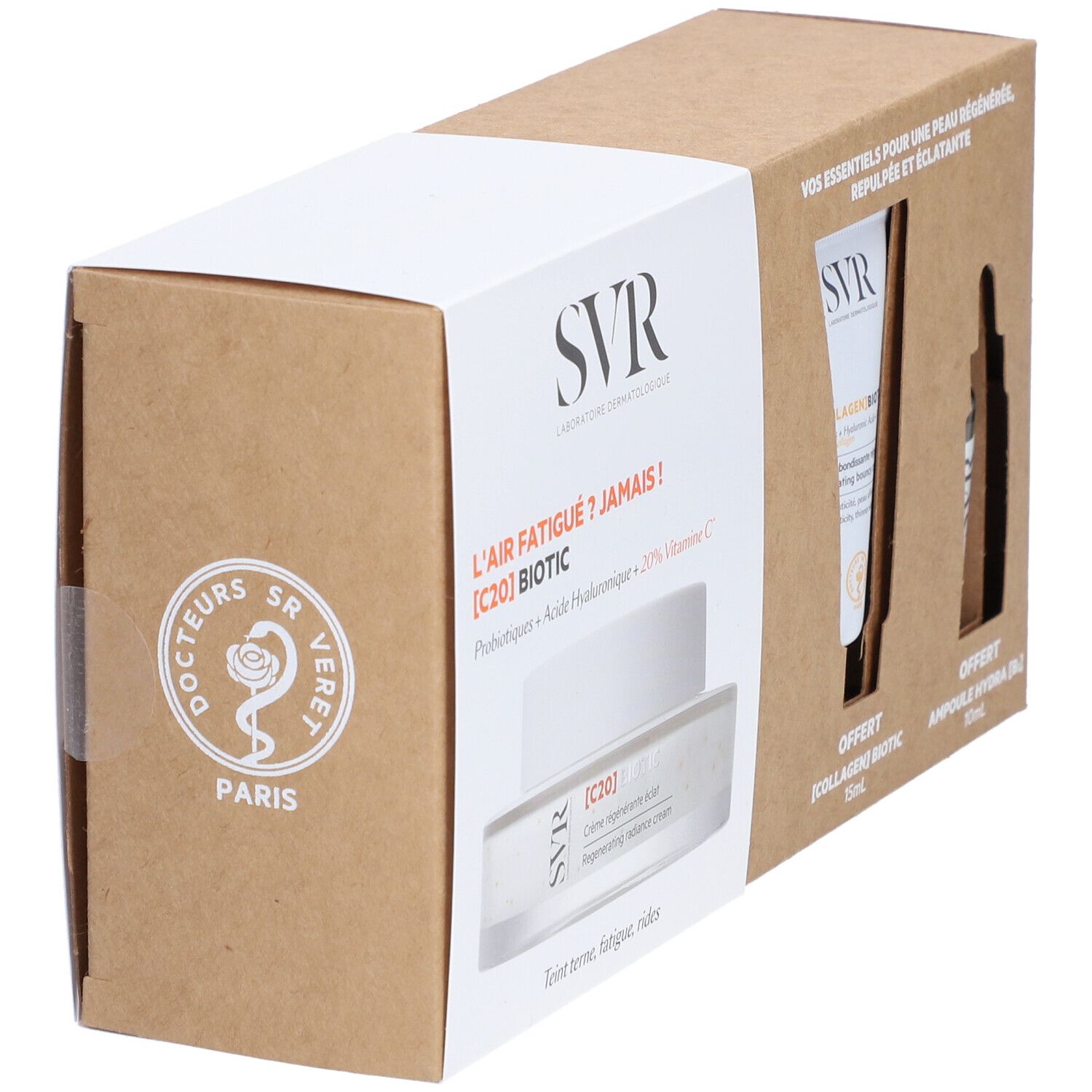 Coffret cadeau SVR [C20] Biotic, en biais. Contient crème, tube et flacon. Texte: L'air fatigué ? Jamais! [C20] Biotic.