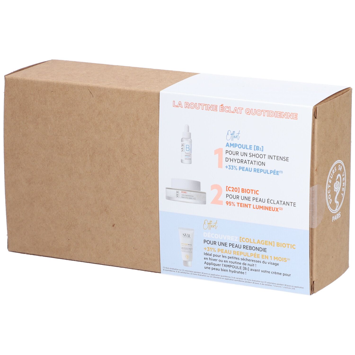 Coffret cadeau SVR [C20] Biotic, vue de dessus. Contient crème, tube et flacon. Texte: La routine éclat quotidienne.