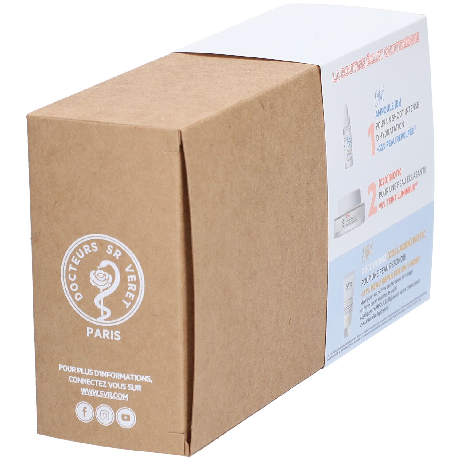 Coffret cadeau SVR [C20] Biotic, vue arrière oblique. Texte: Docteurs SR Veret Paris. Contient crème, tube et flacon.