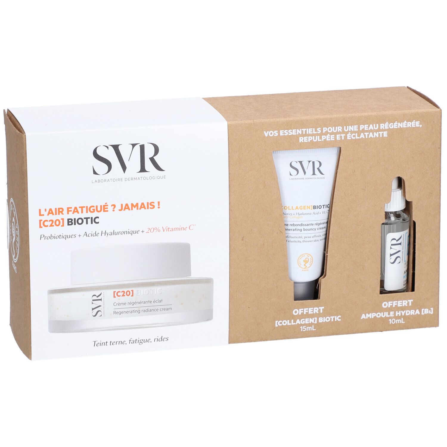 Coffret cadeau SVR [C20] Biotic. Contient crème, tube et flacon. Texte: L'air fatigué ? Jamais! [C20] Biotic.