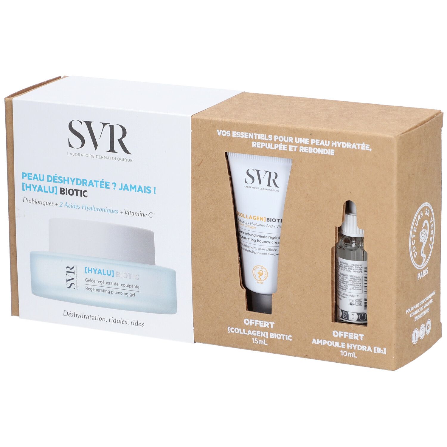 Coffret cadeau SVR. Contient crème, tube et flacon. Emballage blanc et marron avec texte.