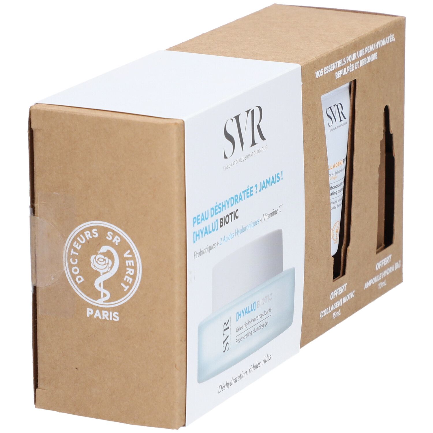 Coffret cadeau SVR. Emballage blanc et marron. Logo et texte sur l'emballage.