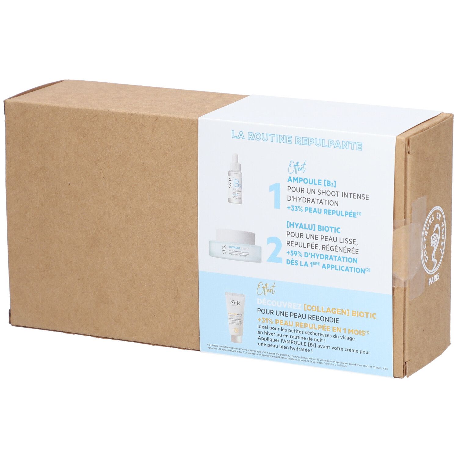 Coffret cadeau SVR. Contient crème, flacon et tube. Emballage avec texte et illustrations.