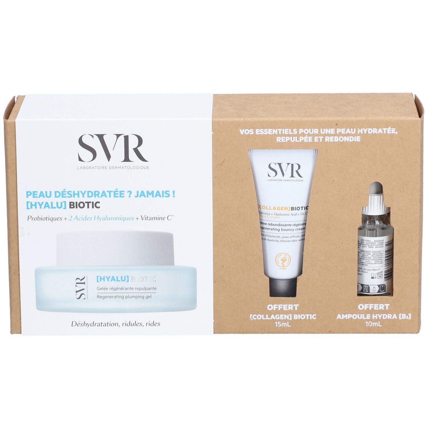 Coffret cadeau SVR. Contient crème, tube et flacon. Emballage blanc et marron avec texte.