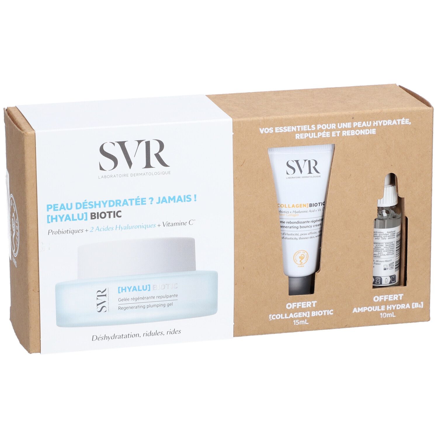 Coffret cadeau SVR. Contient crème, tube et flacon. Emballage blanc et marron avec texte.