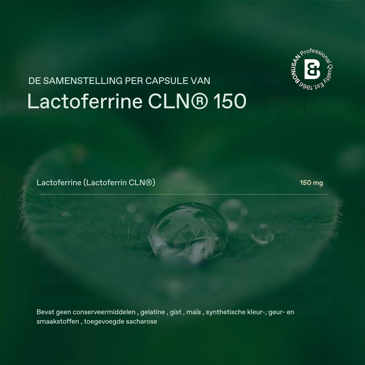 Feuille avec gouttes d'eau. Texte: Lactoferrine (Lactoferrine CLN®) 150 mg. Sans conservateurs.