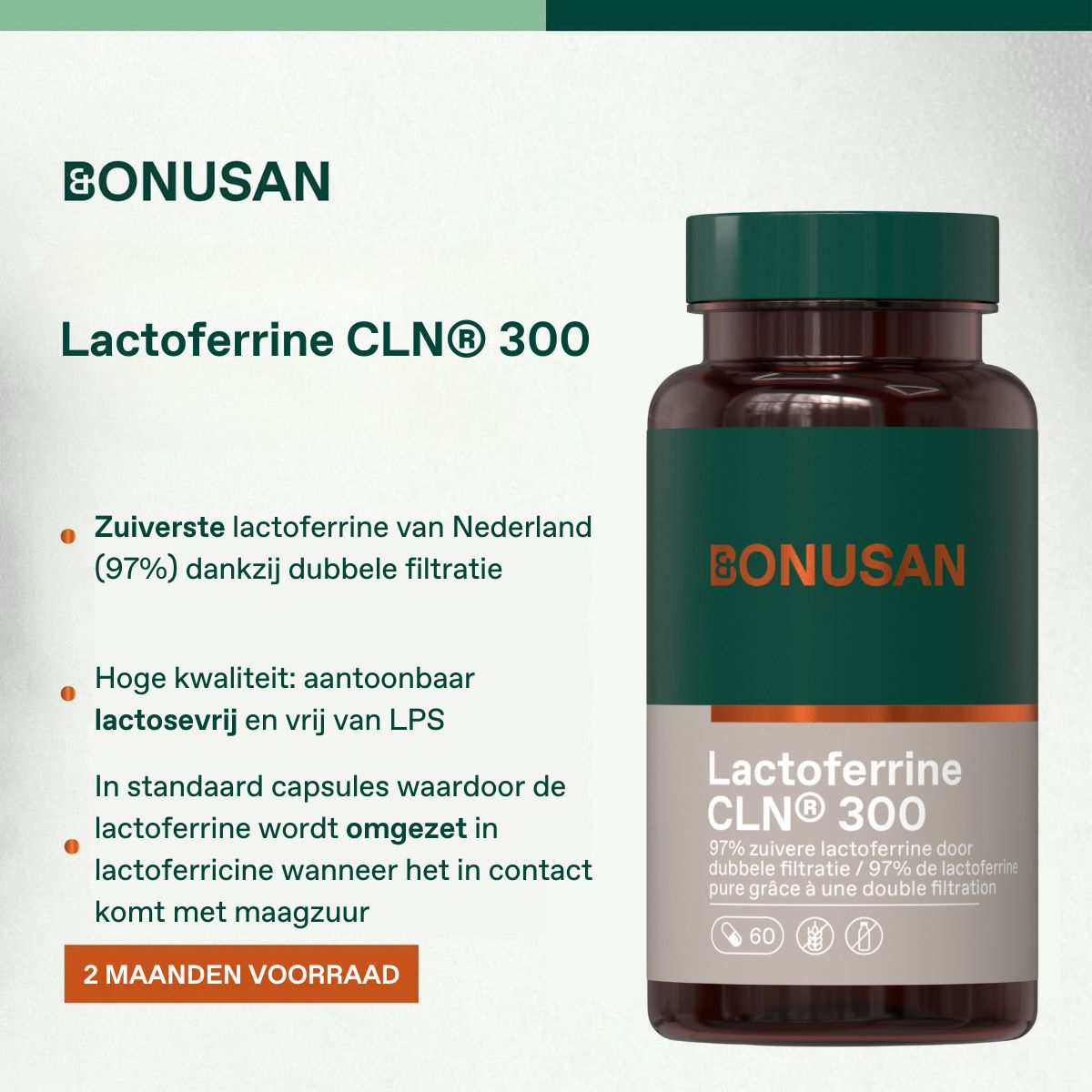 Flacon vert avec nom du produit Lactoferrine CLN® 300. Texte sur la lactoferrine et 60 capsules.