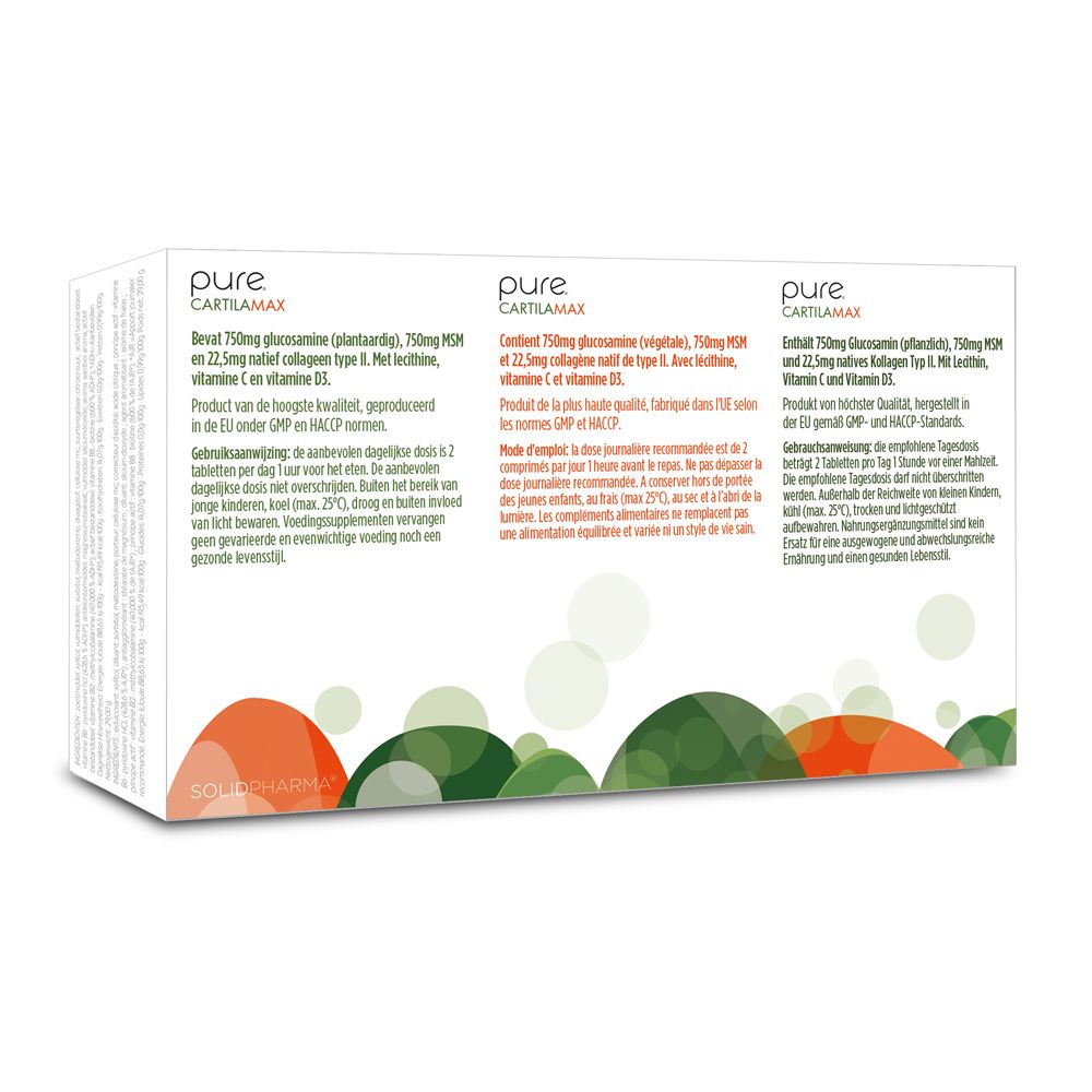 Dos de la boîte "pure. CARTILAMAX". Texte avec ingrédients et informations nutritionnelles en plusieurs langues.