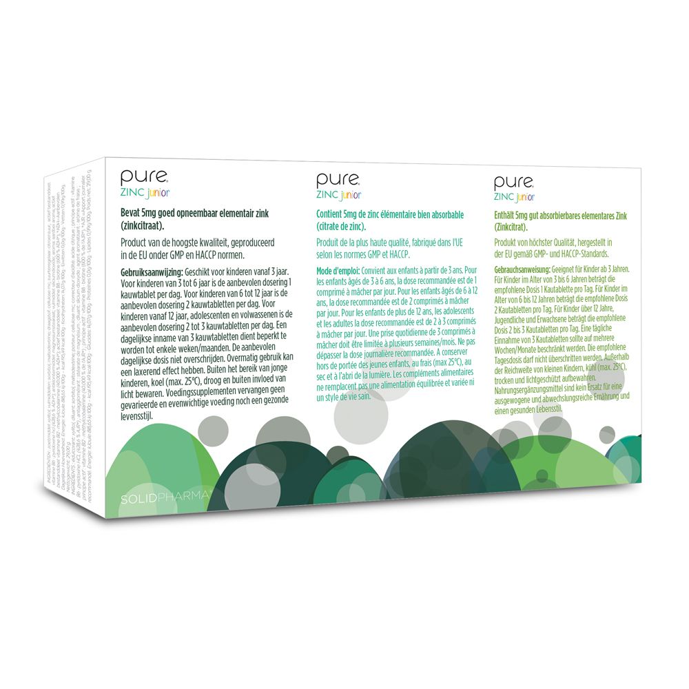 Boîte blanche "pure ZINC junior". Inscription: Citrate de zinc, 5mg zinc, goût fraise. Verso avec texte et code-barres.