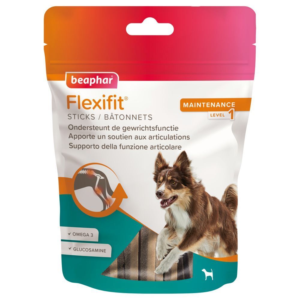 Paquet de bâtonnets Beaphar Flexifit. Illustration de chien et articulation. Contient Oméga 3 et Glucosamine. Texte: Soutien articulaire.