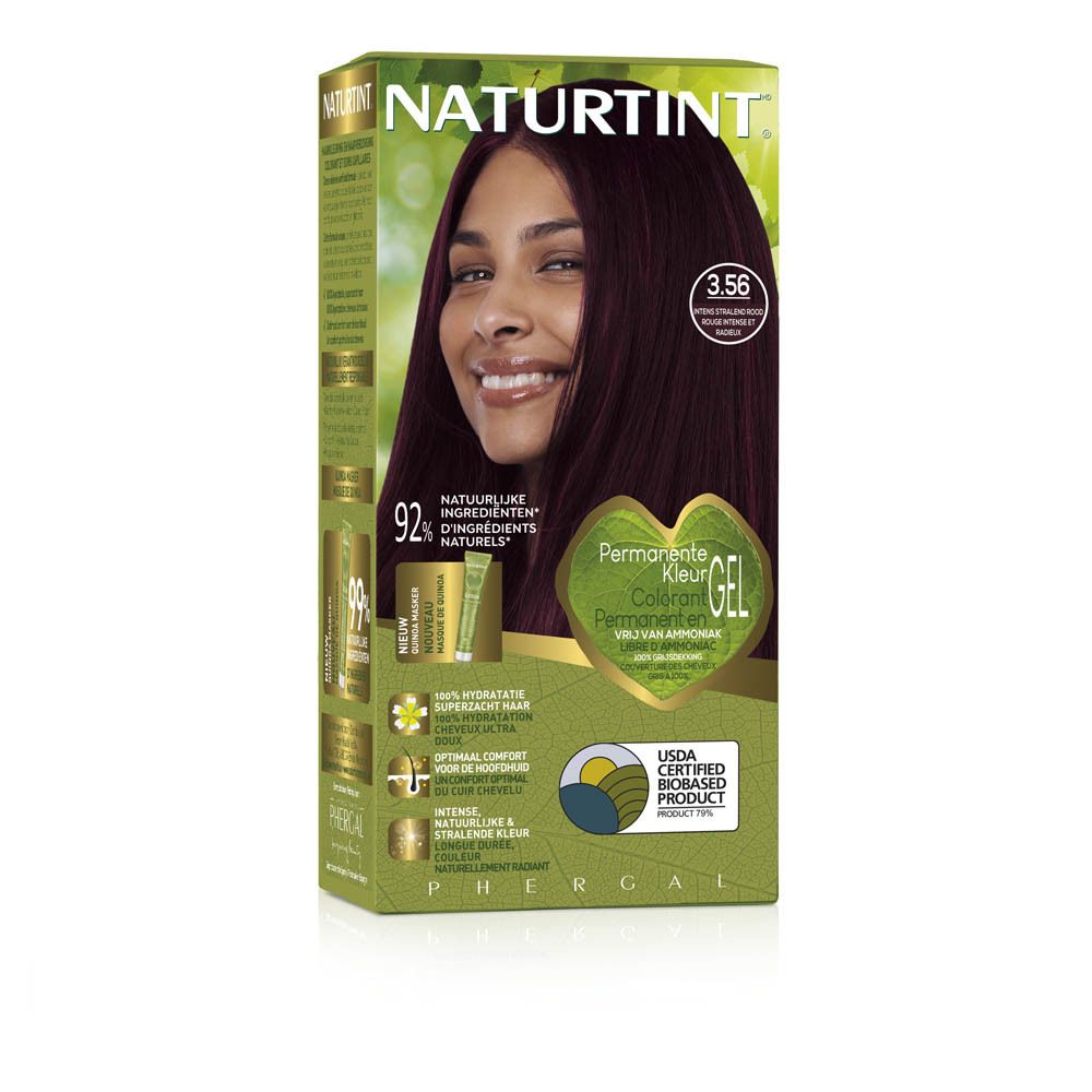Boîte de teinture Natuurtint 3.56. Femme avec produit. Inscription: Permanente Kleur Colorant Gel. 92% ingrédients naturels.