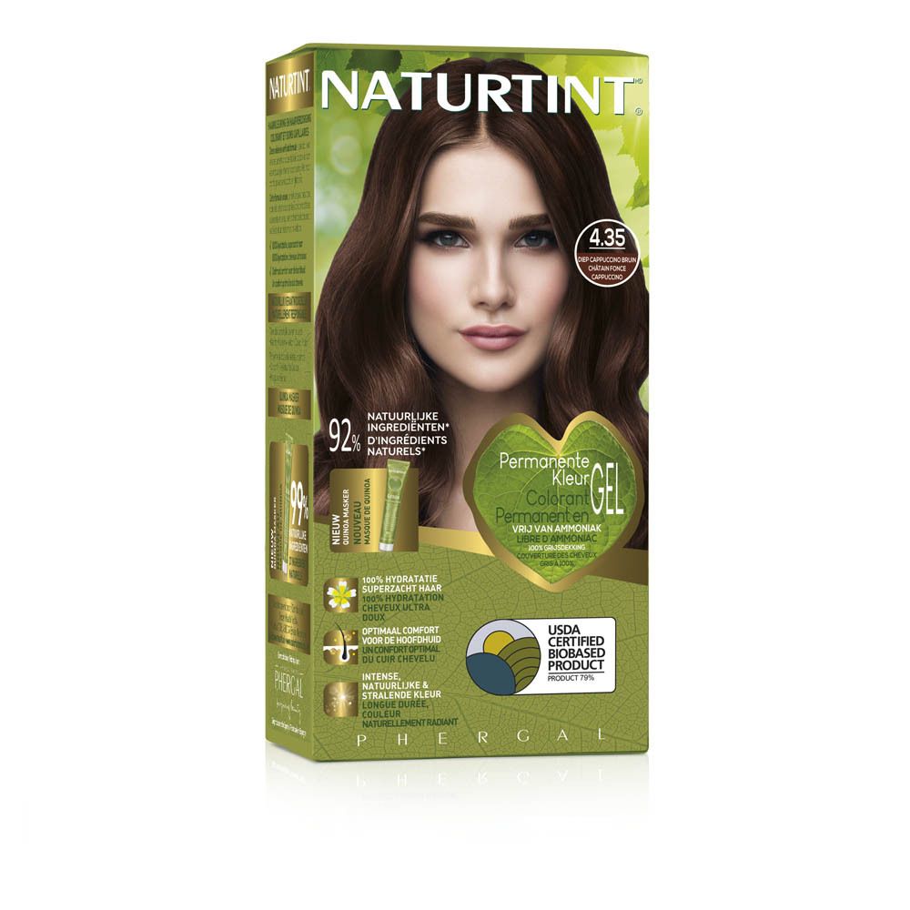Coloration Natuurtint 4.35 Châtain Foncé Cappuccino. Boîte avec visage féminin. Texte jaune sur fond vert.