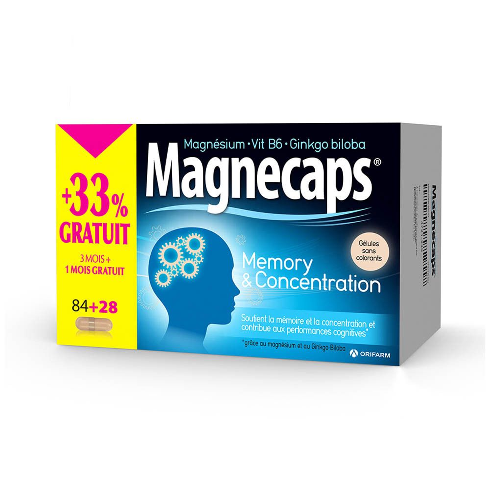 Boîte de Magnecaps® Memory & Concentration. Contient 84+28 gélules. Contient magnésium, vitamine B6 et Ginkgo biloba.