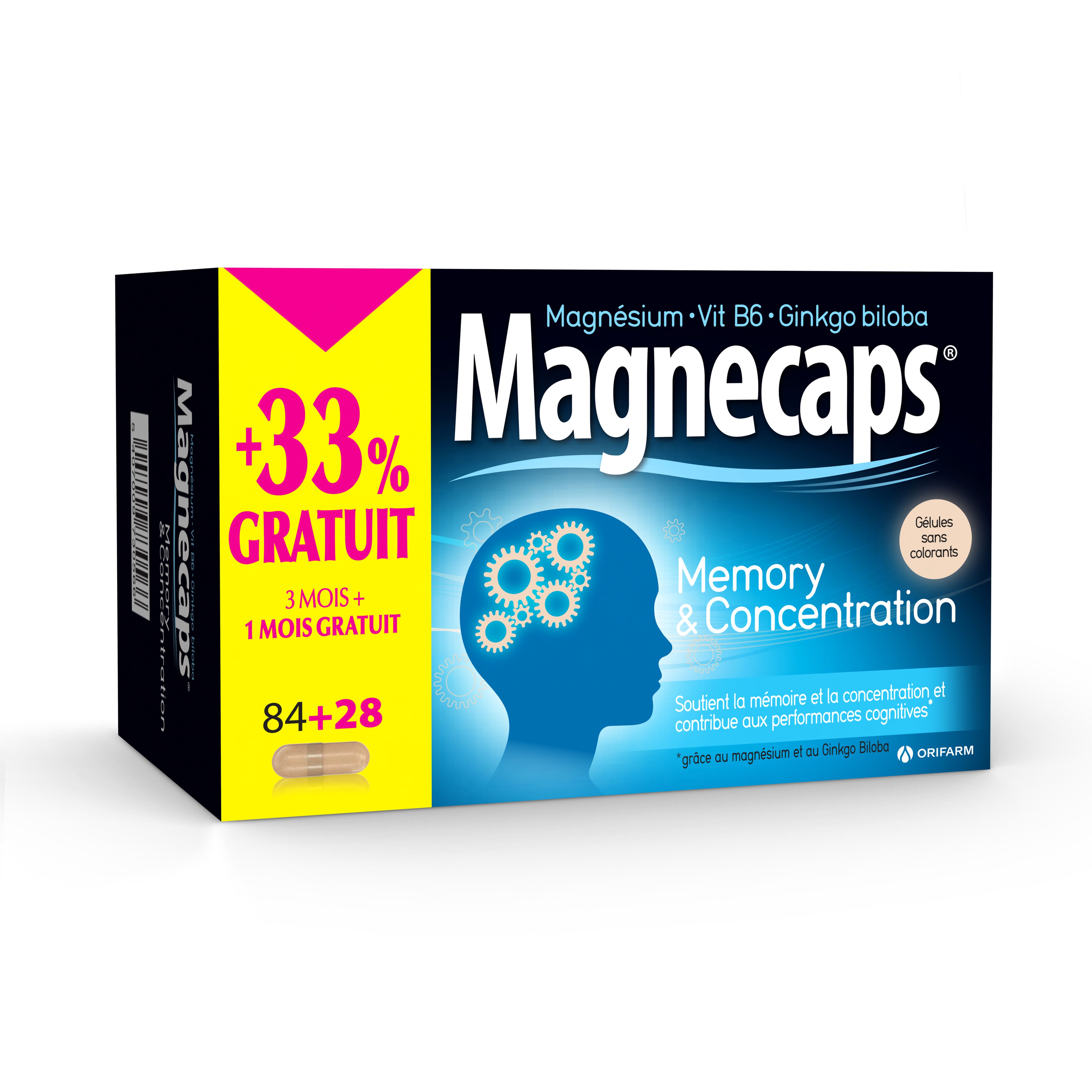Boîte de Magnecaps® Memory & Concentration. Contient 84+28 gélules. Contient magnésium, vitamine B6 et Ginkgo biloba.