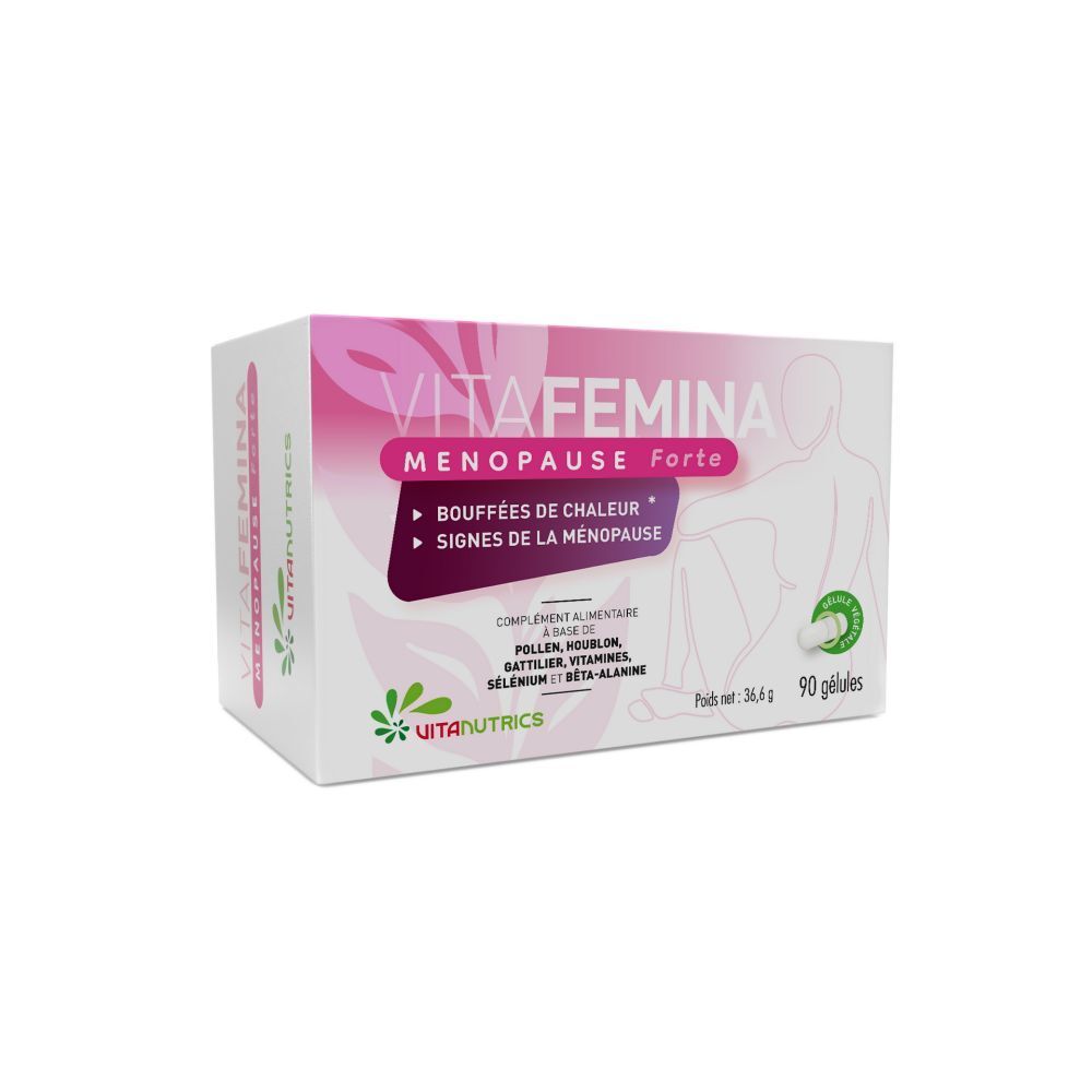 Vitanutrics Vitafemina Menopause Forte. Boîte de 90 gélules. Design rose et blanc avec nom du produit et ingrédients.