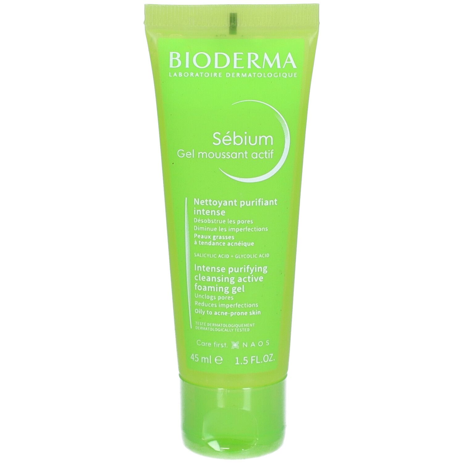 Tube vert Bioderma Sebium Gel Moussant Actif. Face avant avec nom et texte du produit. 45 ml.