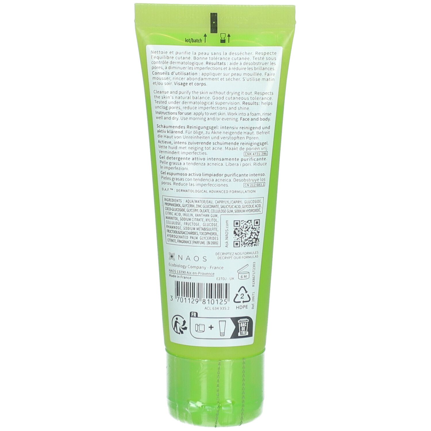 Dos du tube vert Bioderma Sebium Gel Moussant Actif. Texte et code QR.