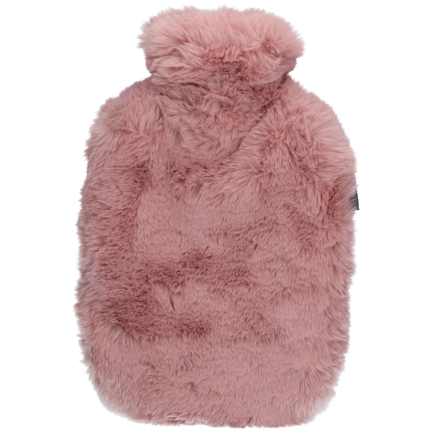 Bouillotte rose avec housse en fausse fourrure.