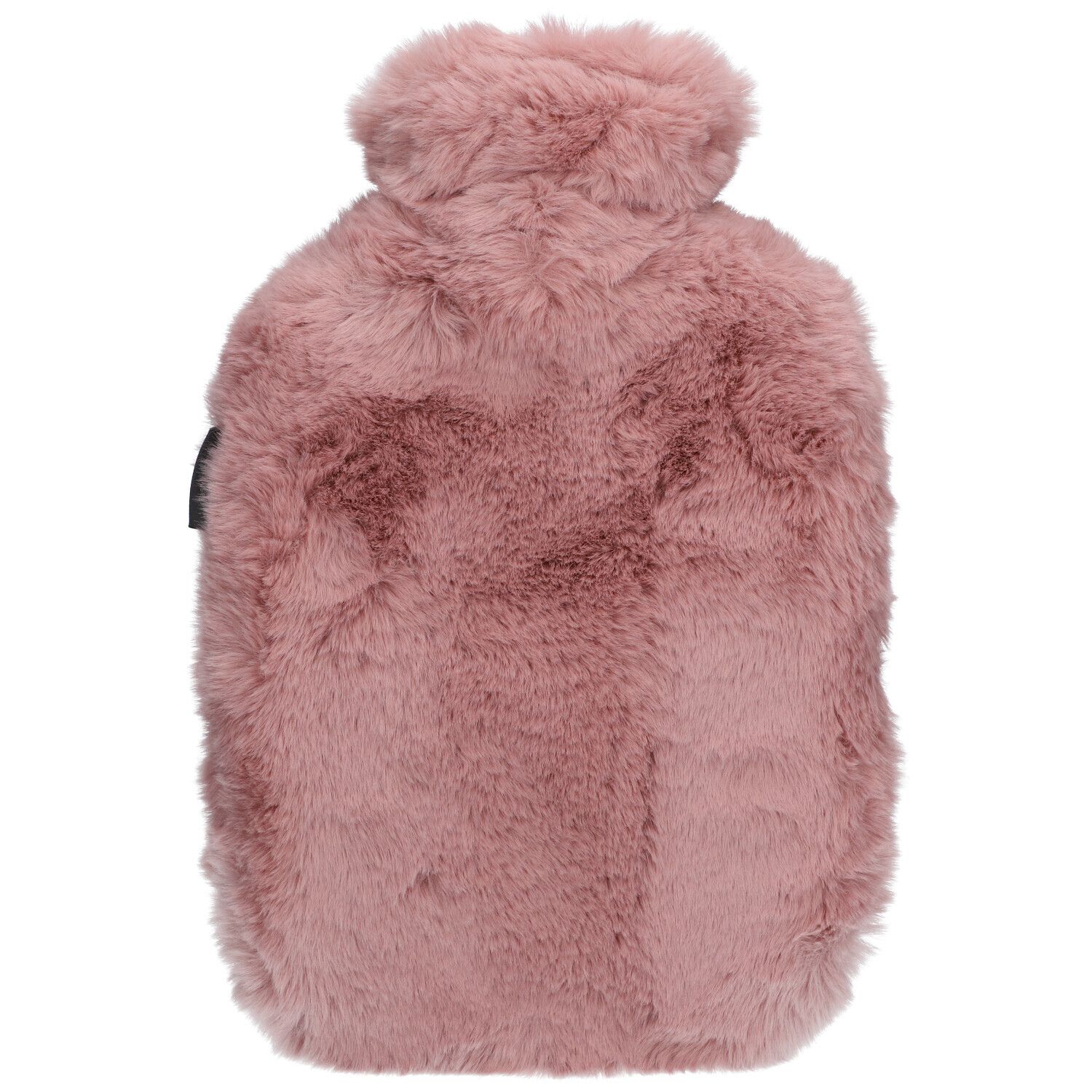 Bouillotte rose avec housse en fausse fourrure.