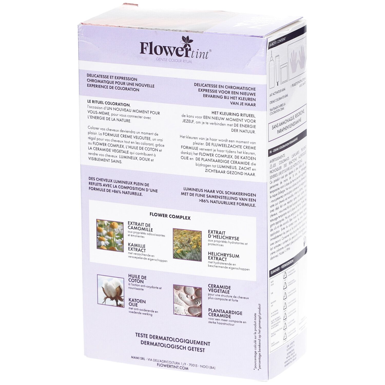 Dos de la boîte FlowerTint 7.4 Koper Blond. Texte sur les ingrédients et l'utilisation. Testé dermatologiquement.