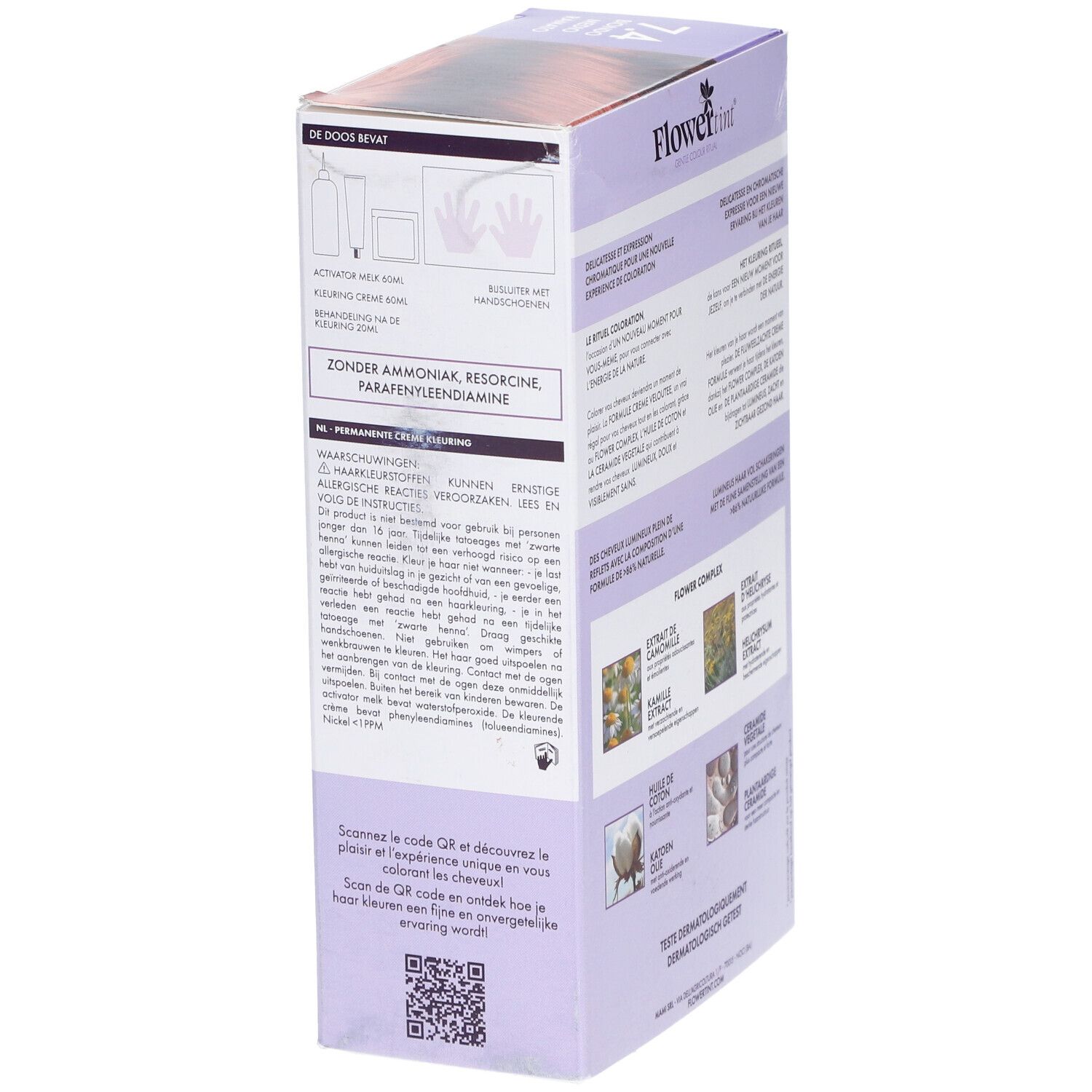 Boîte de FlowerTint 7.4 Koper Blond. Texte et illustrations. Code QR à scanner.