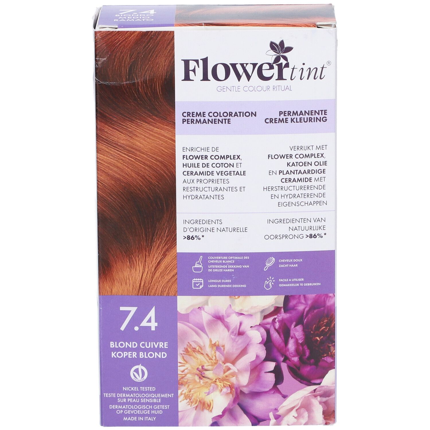 Boîte de FlowerTint 7.4 Koper Blond. Inscription: Crème Coloration Permanente. Teinte: 7.4 Blond Cuivre.