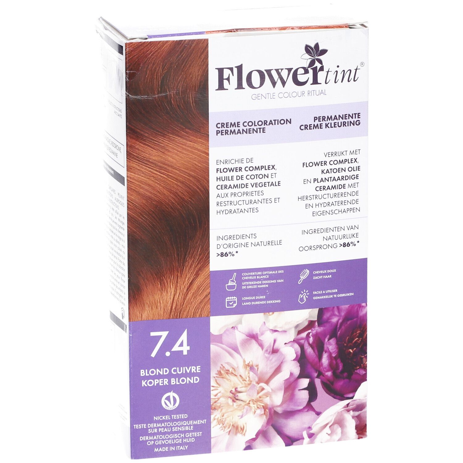 Boîte de FlowerTint 7.4 Koper Blond. Inscription: Crème Coloration Permanente. Teinte: 7.4 Blond Cuivre.
