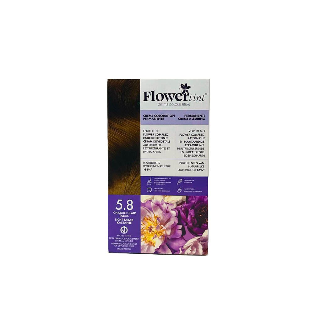Boîte FlowerTint 5.8 Châtain Clair Tabac. Crème coloration permanente. Échantillon de couleur. Informations produit.