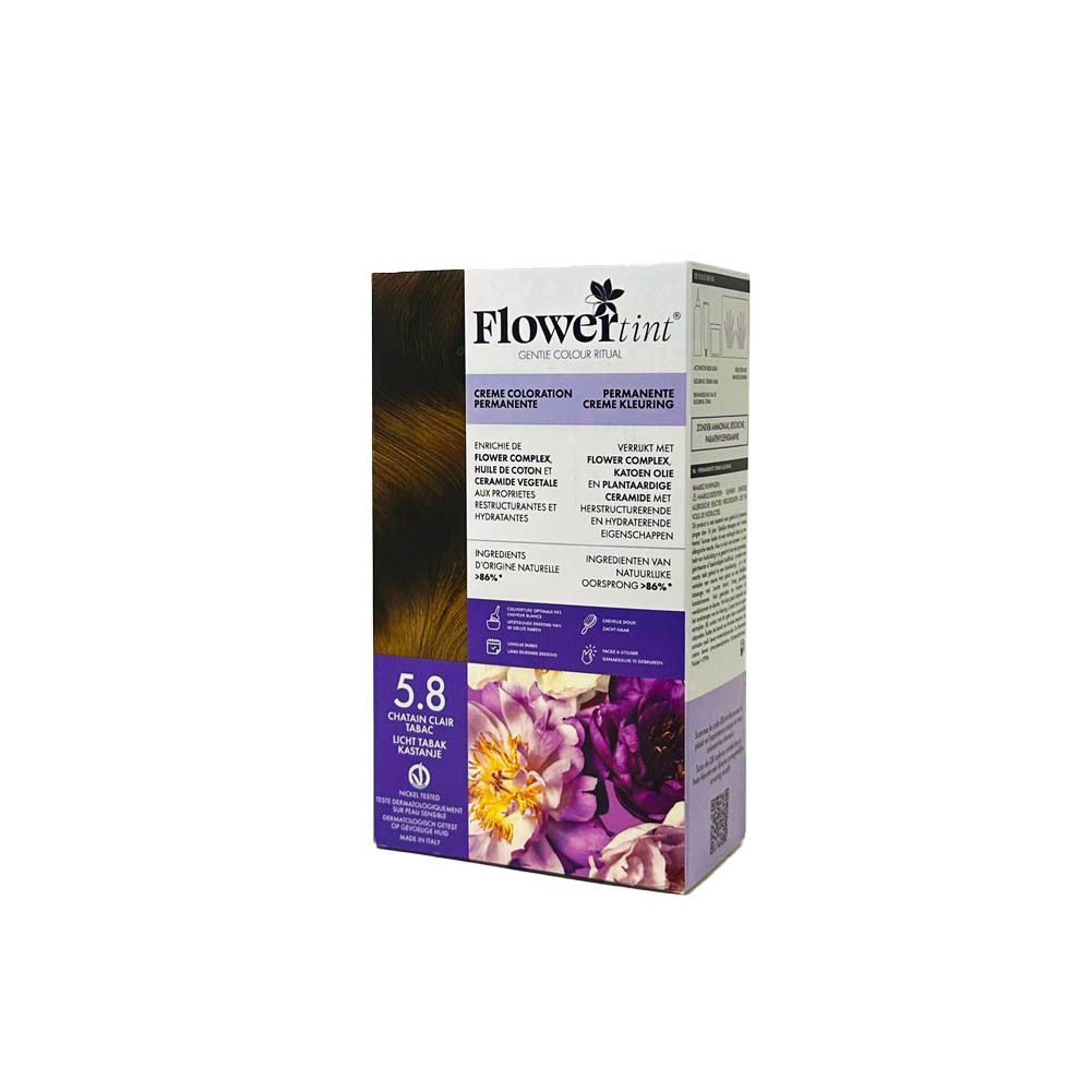 FlowerTint 5.8 Châtain Clair Tabac. Crème coloration permanente. Emballage du produit avec informations.