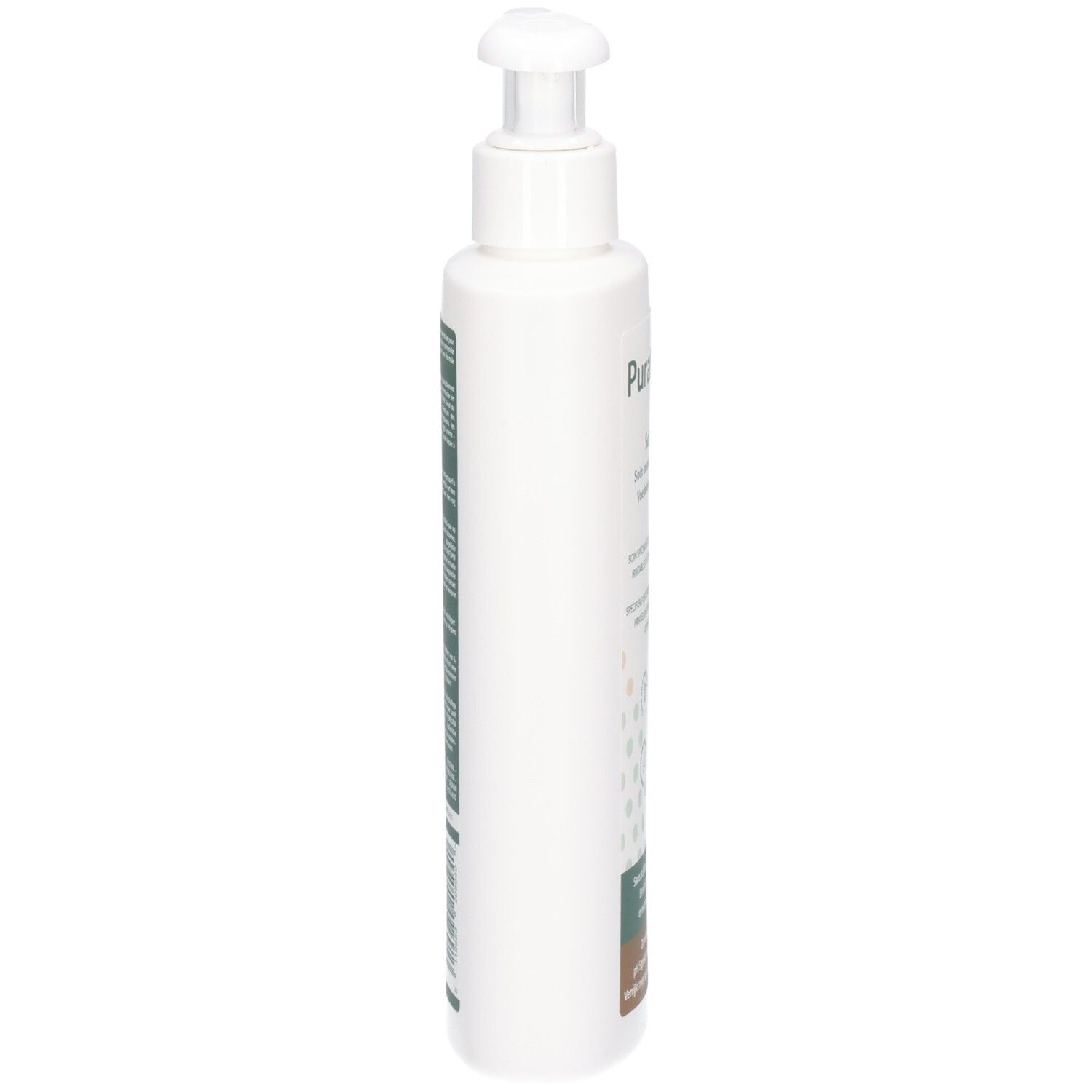 Vue latérale d'un flacon blanc avec pompe, Puratopix Surgras Soin lavant nourrissant.