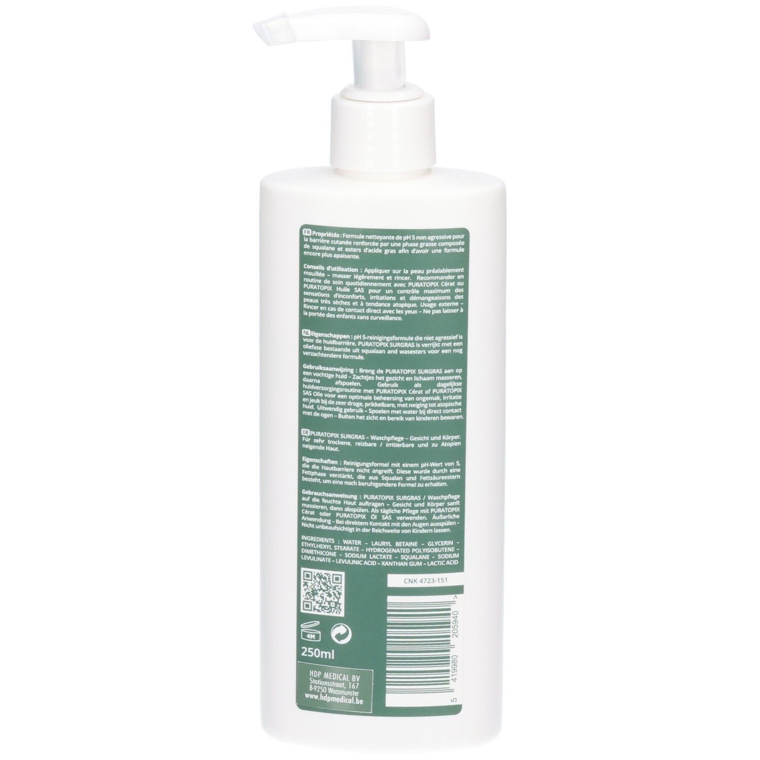 Arrière d'un flacon blanc avec pompe, Puratopix Surgras Soin lavant nourrissant, 250ml.