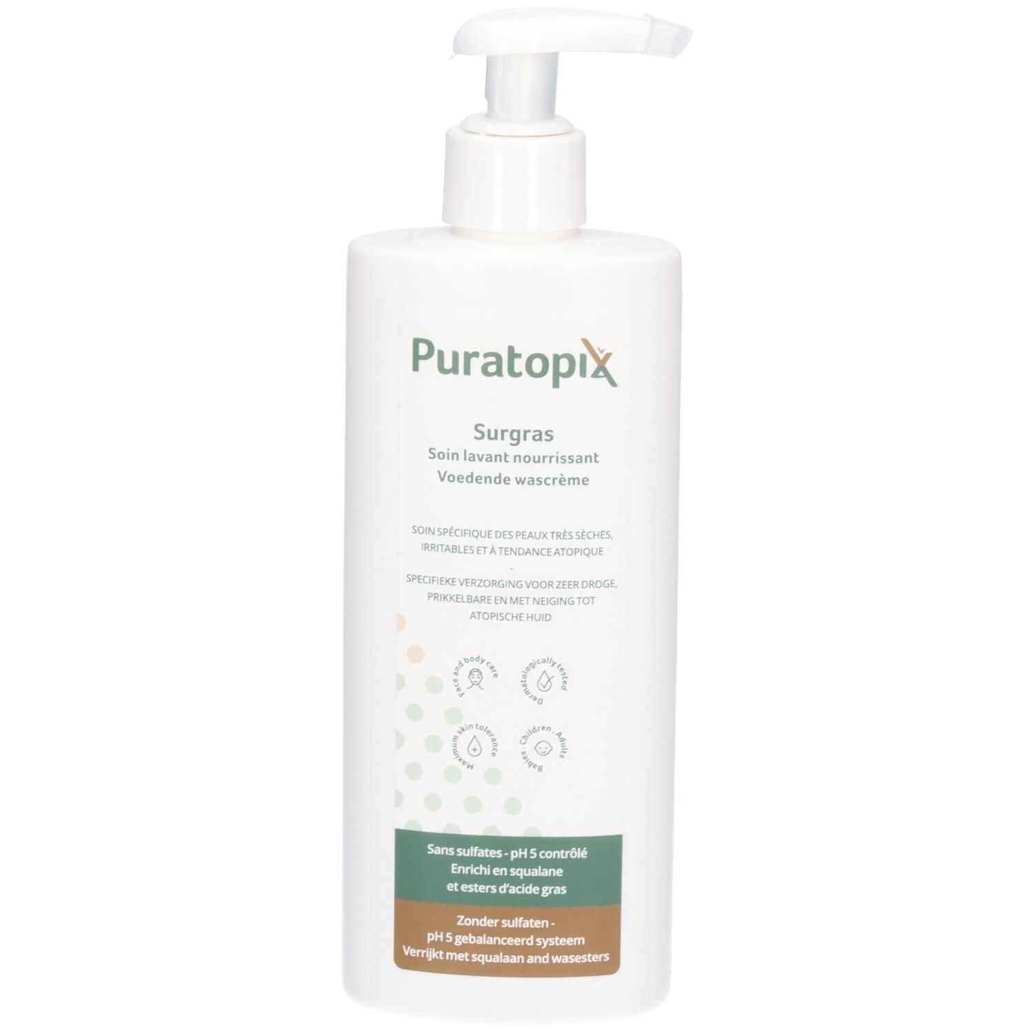 Flacon blanc avec pompe, Puratopix Surgras Soin lavant nourrissant.