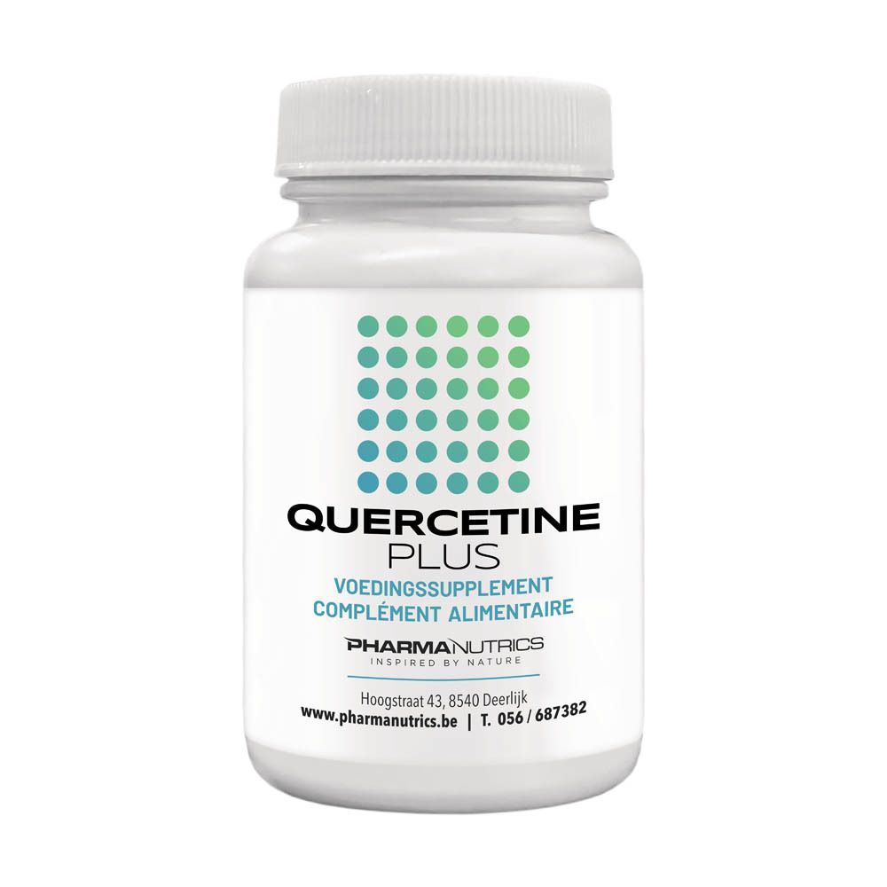 Flacon blanc PharmaNutrics Quercetine Plus. 120 V-capsules. Points verts et bleus. Inscription: Voedingssupplement, Complément Alimentaire.