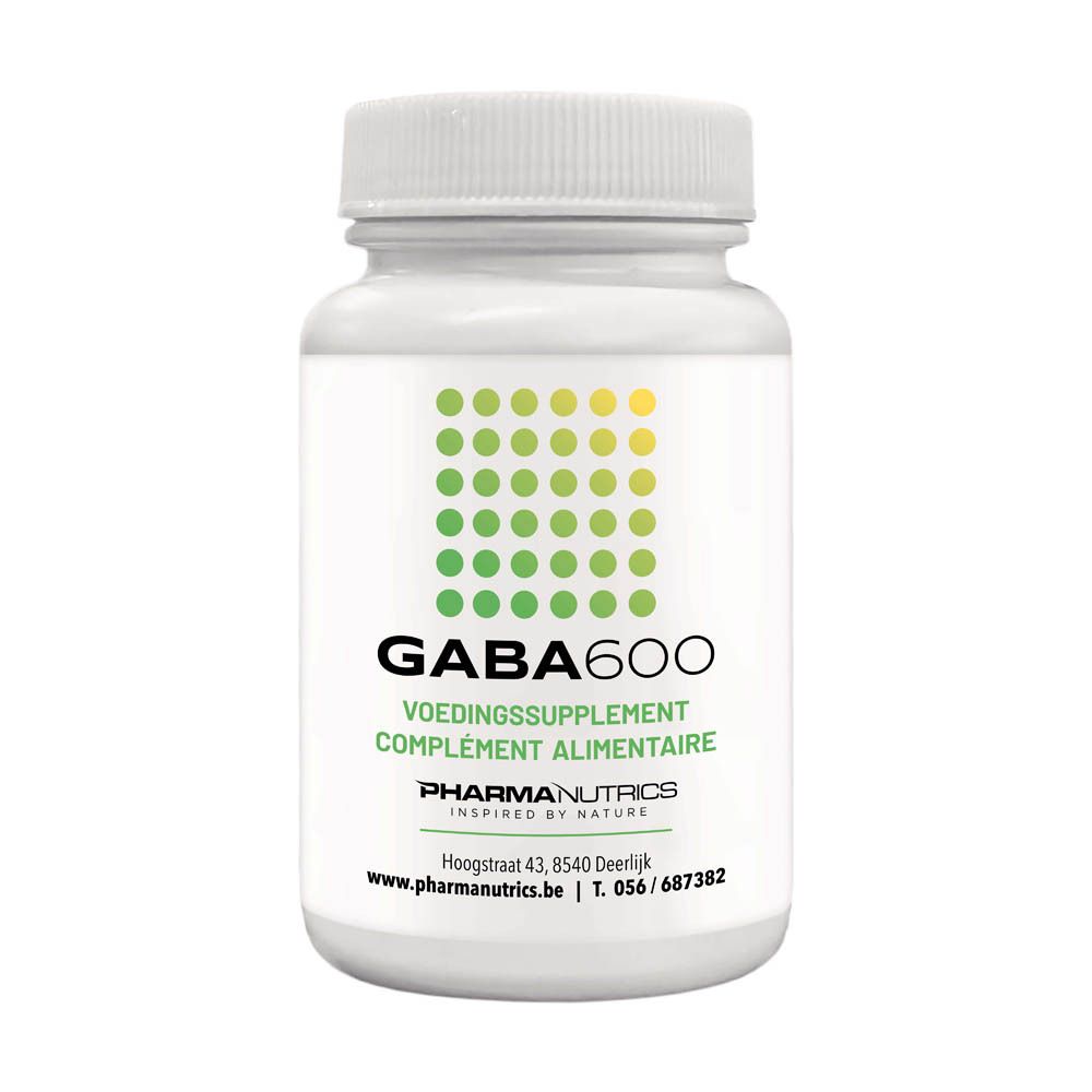 Flacon blanc avec points verts et jaunes. Inscription: GABA 600, complément alimentaire. Pharmanutrics.