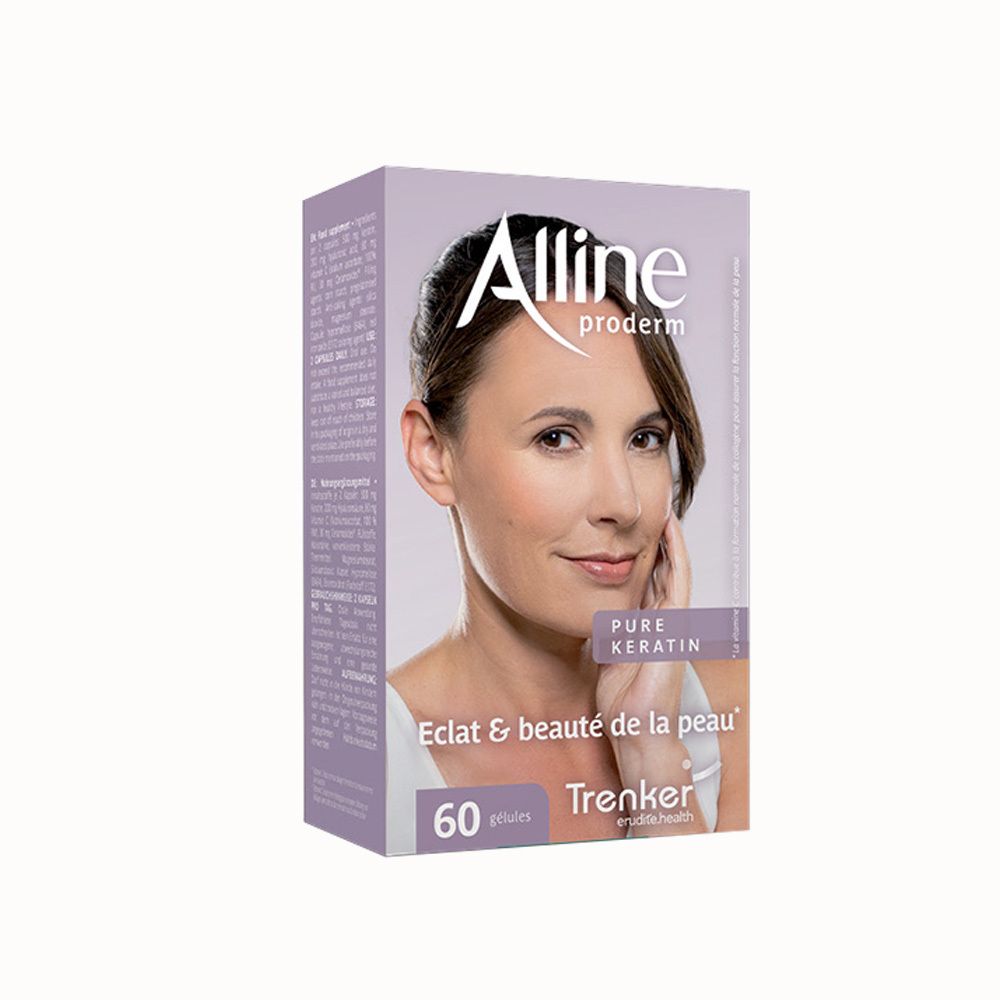 Boîte d'Alline Proderm avec visage de femme, kératine, collagène et acide hyaluronique. 60 gélules.