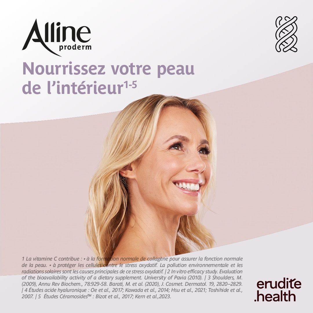 Boîte d'Alline Proderm avec visage de femme, kératine, collagène et acide hyaluronique. 60 gélules.