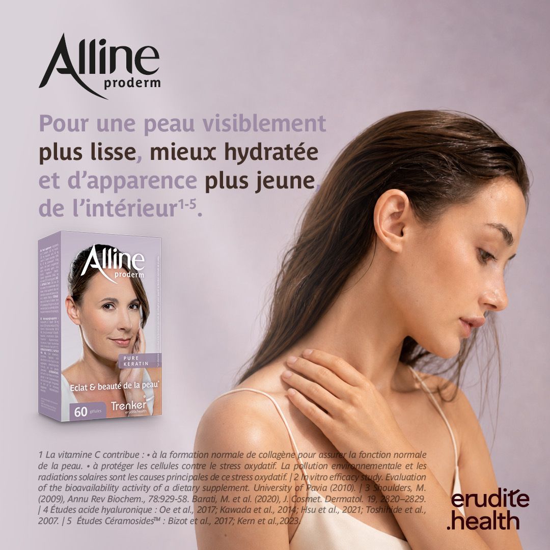 Boîte avec visage de femme, texte "Alline proderm", "60 gélules".