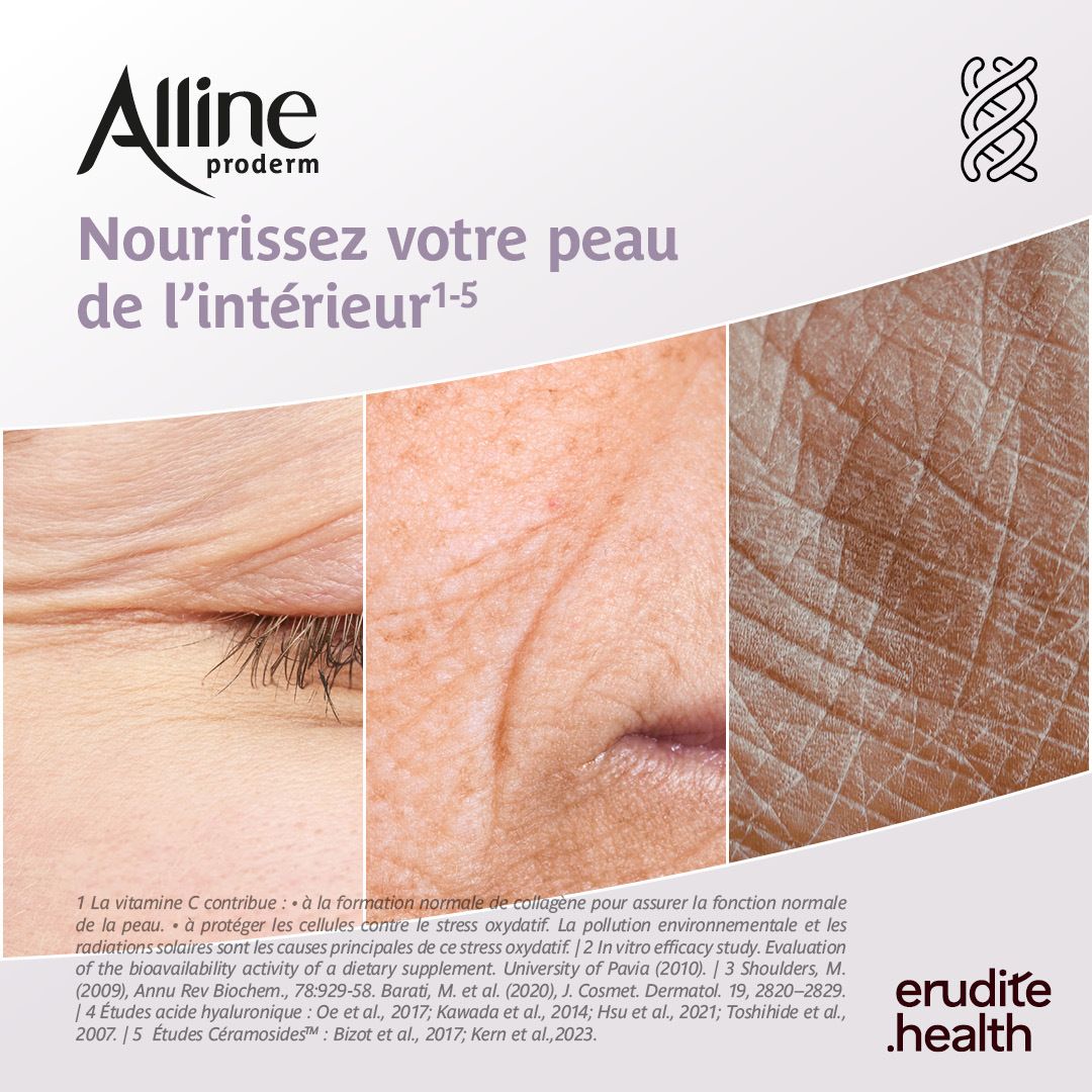 Arrière de la boîte de capsules Alline Proderm avec ingrédients et instructions.