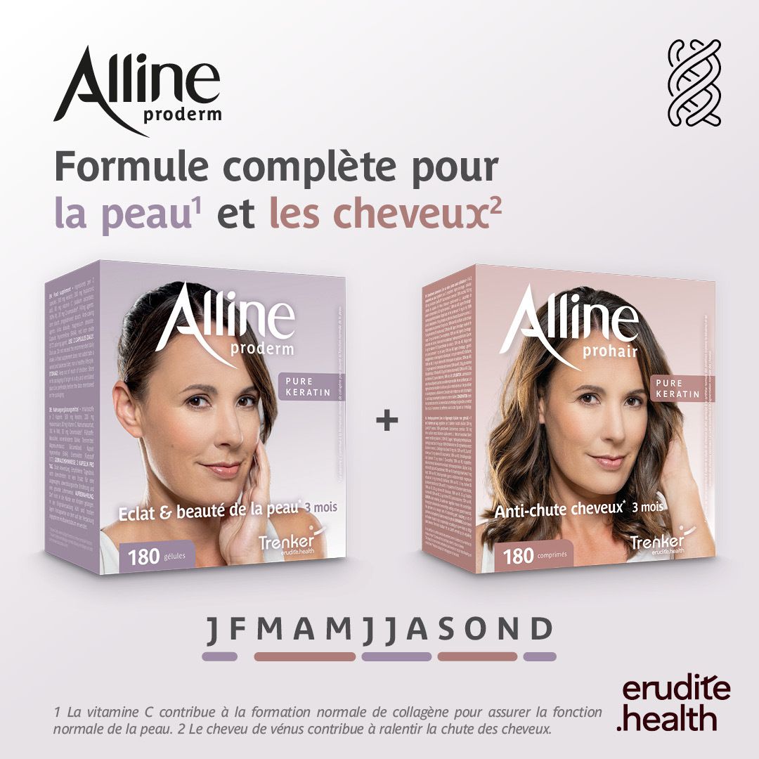 Boîte de capsules Alline Proderm 180 pièces, axée sur l'éclat de la peau.