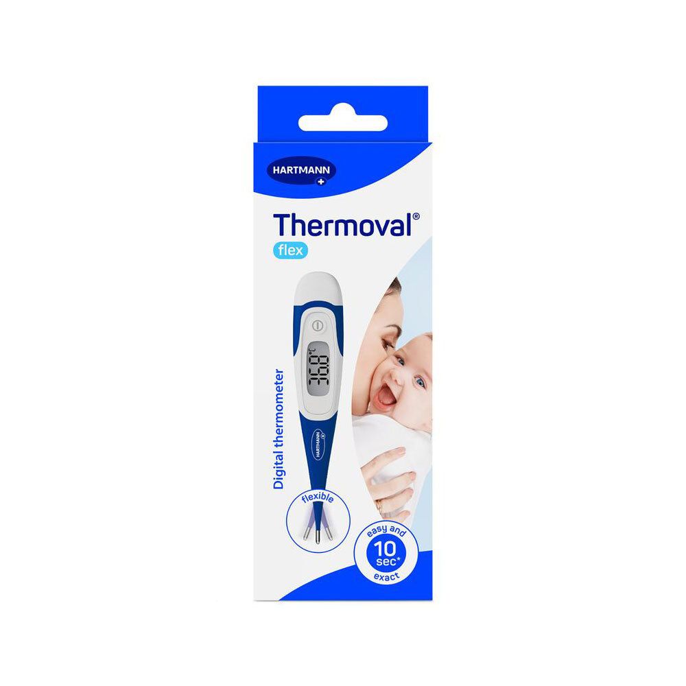 Emballage du Thermoval® Flex Thermomètre numérique. Bleu et blanc, avec image du produit et texte : Thermomètre numérique, 10 secondes.