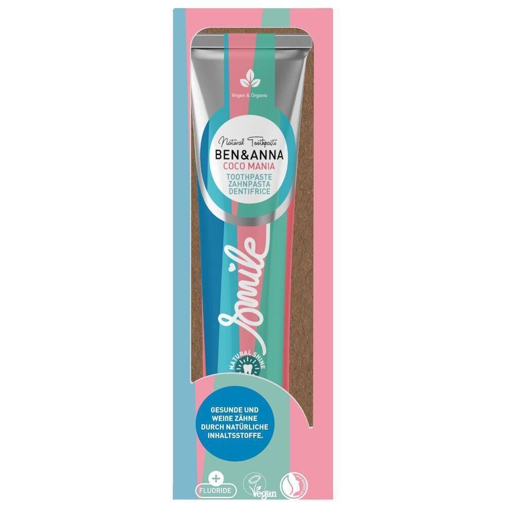 Tube de dentifrice en emballage carton. Inscription : Ben & Anna Coco Mania, Smile. Vegan, fluoré. Ingrédients naturels.