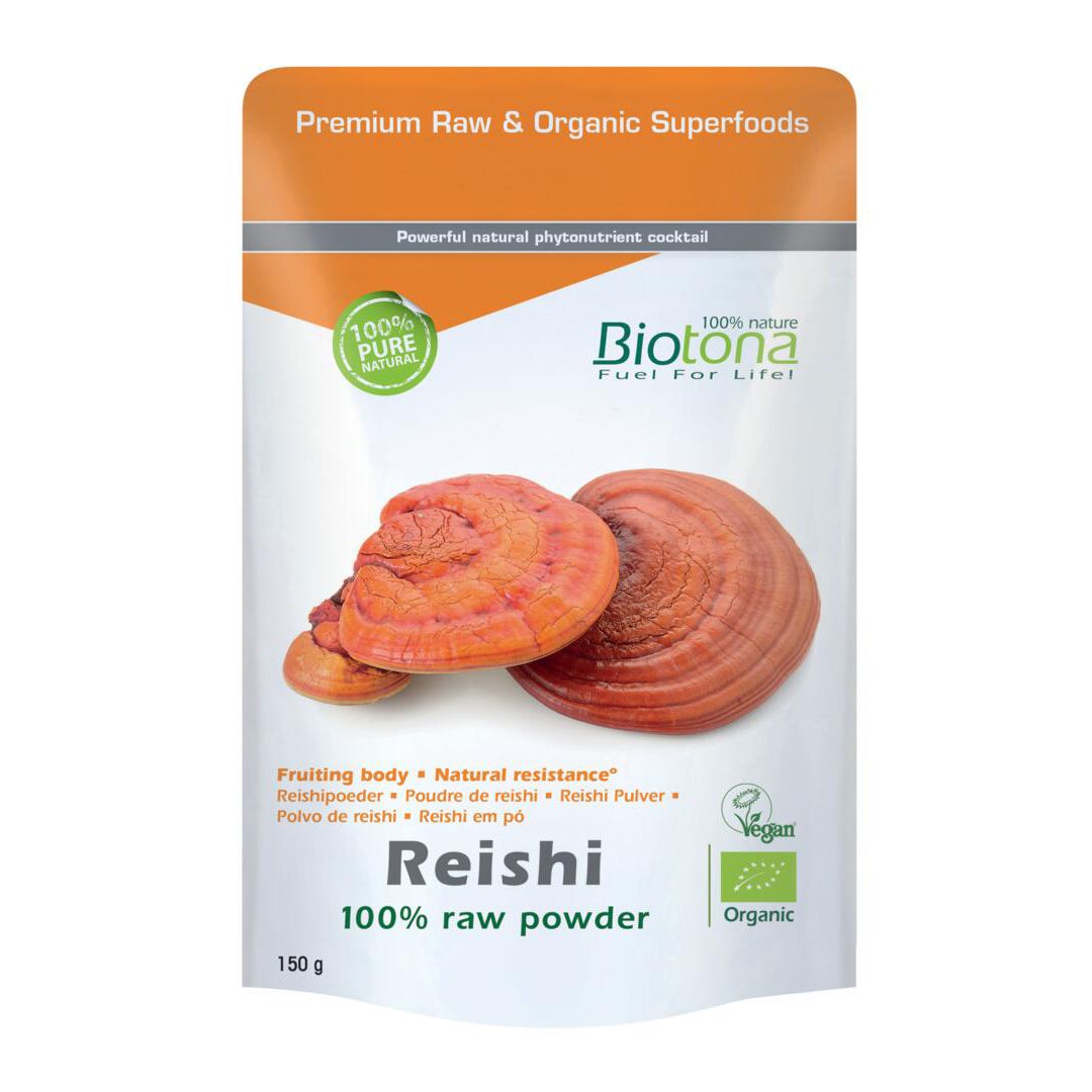 Sachet de poudre de Reishi. Inscriptions : Biotona, Reishi, 100% raw powder, 100% Pure Natural, Organic. Illustration de champignons Reishi.