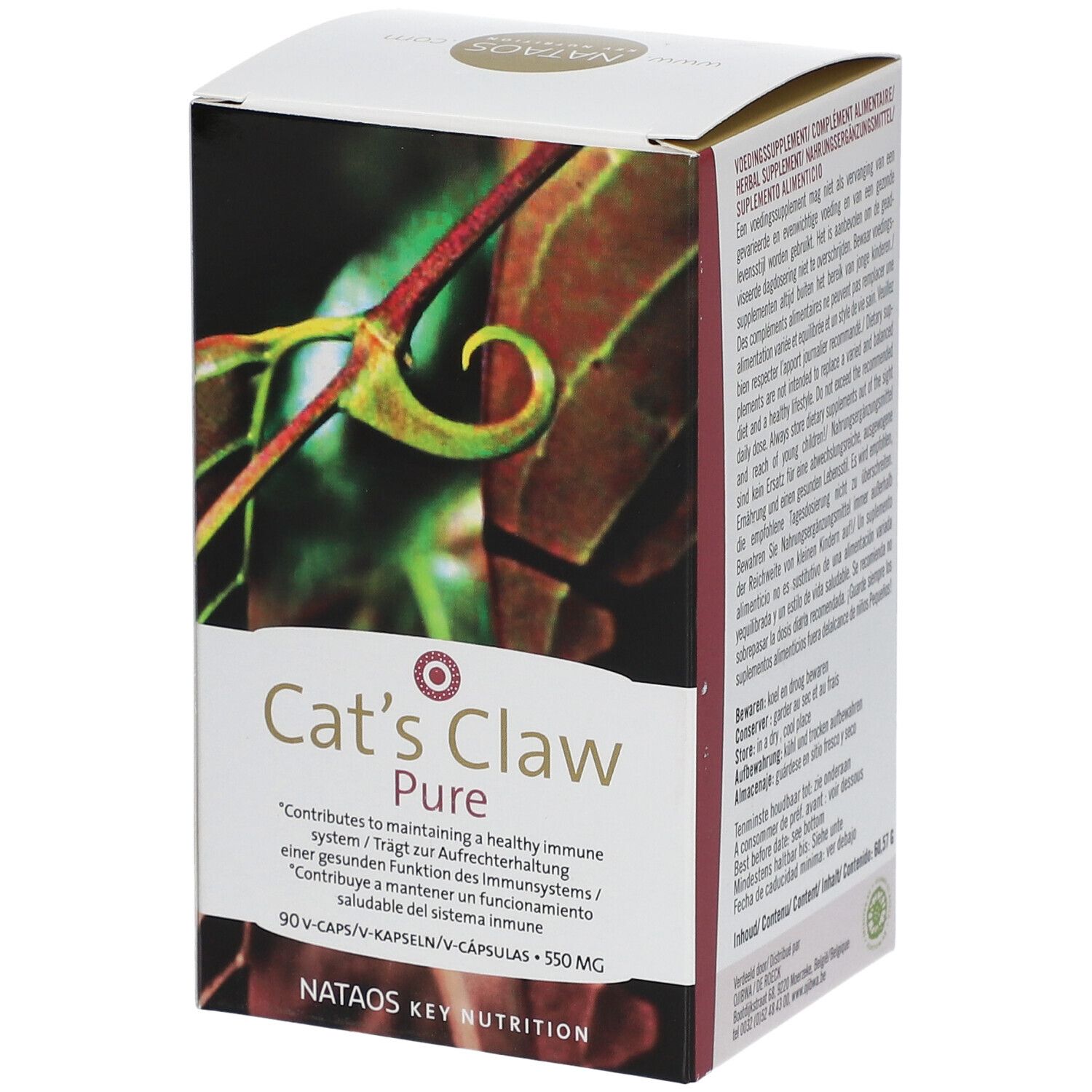 Boîte "Cat's Claw Pure". Contient 90 capsules. Fond avec motif végétal.