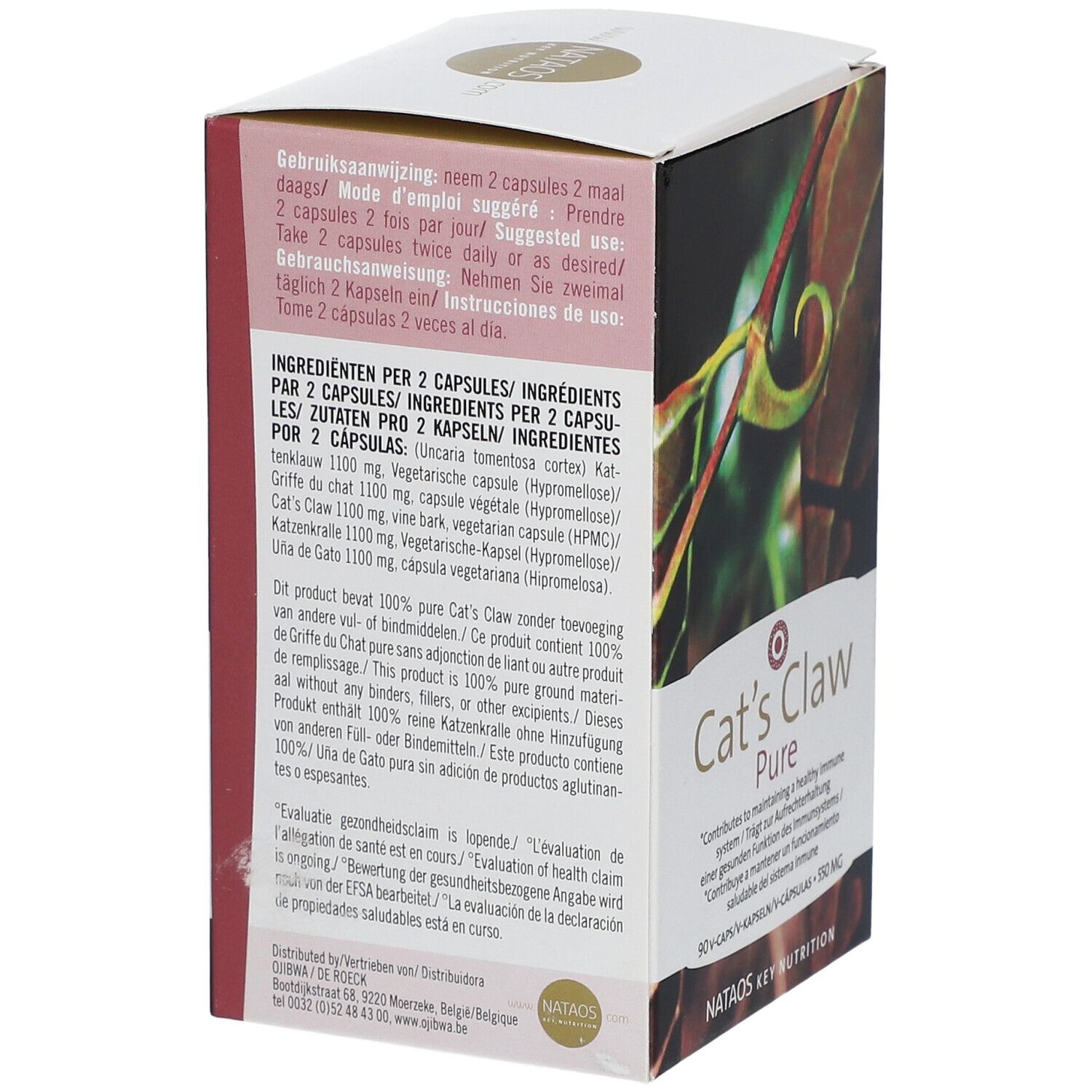 Dos de la boîte "Cat's Claw Pure". Contient des informations sur les ingrédients et le dosage.